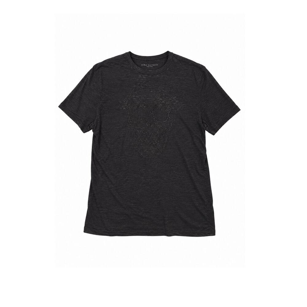 John Varvatos Black Tonal Skull Linen Modal Longline T-Shirt Embellished Graphic